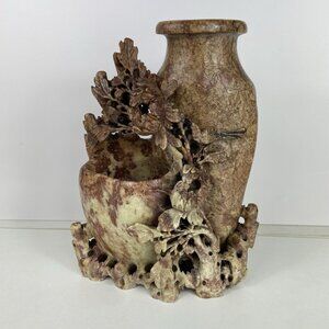 Vtg Intricate Chinese Soapstone Hand Carved Double Vase Flowers Sculpture Brown